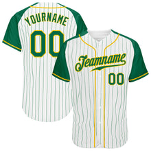 Load image into Gallery viewer, Custom White Kelly Green Pinstripe Kelly Green-Gold Authentic Raglan Sleeves Baseball Jersey