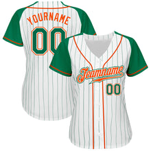 Load image into Gallery viewer, Custom White Kelly Green Pinstripe Kelly Green-Orange Authentic Raglan Sleeves Baseball Jersey