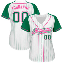 Load image into Gallery viewer, Custom White Kelly Green Pinstripe Kelly Green-Pink Authentic Raglan Sleeves Baseball Jersey