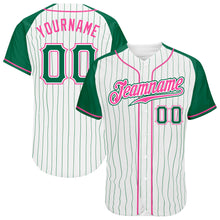 Load image into Gallery viewer, Custom White Kelly Green Pinstripe Kelly Green-Pink Authentic Raglan Sleeves Baseball Jersey