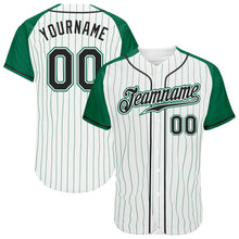 Load image into Gallery viewer, Custom White Kelly Green Pinstripe Black-Kelly Green Authentic Raglan Sleeves Baseball Jersey