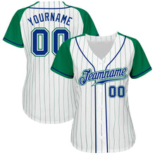 Load image into Gallery viewer, Custom White Kelly Green Pinstripe Royal-Kelly Green Authentic Raglan Sleeves Baseball Jersey