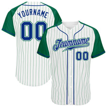 Load image into Gallery viewer, Custom White Kelly Green Pinstripe Royal-Kelly Green Authentic Raglan Sleeves Baseball Jersey