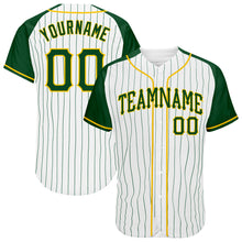 Load image into Gallery viewer, Custom White Green Pinstripe Green-Gold Authentic Raglan Sleeves Baseball Jersey