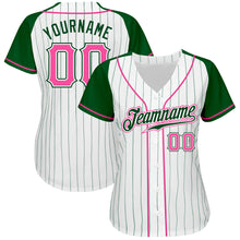 Load image into Gallery viewer, Custom White Green Pinstripe Pink-Green Authentic Raglan Sleeves Baseball Jersey