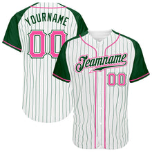 Load image into Gallery viewer, Custom White Green Pinstripe Pink-Green Authentic Raglan Sleeves Baseball Jersey
