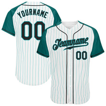 Load image into Gallery viewer, Custom White Aqua Pinstripe Black-Aqua Authentic Raglan Sleeves Baseball Jersey