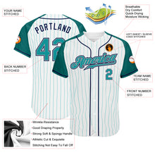 Load image into Gallery viewer, Custom White Aqua Pinstripe Aqua-Navy Authentic Raglan Sleeves Baseball Jersey