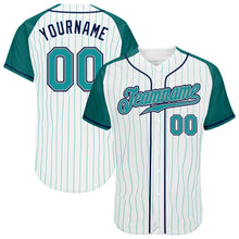 Load image into Gallery viewer, Custom White Aqua Pinstripe Aqua-Navy Authentic Raglan Sleeves Baseball Jersey