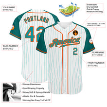 Load image into Gallery viewer, Custom White Aqua Pinstripe Aqua-Orange Authentic Raglan Sleeves Baseball Jersey