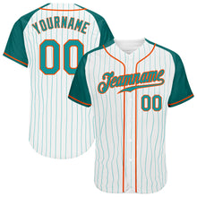 Load image into Gallery viewer, Custom White Aqua Pinstripe Aqua-Orange Authentic Raglan Sleeves Baseball Jersey
