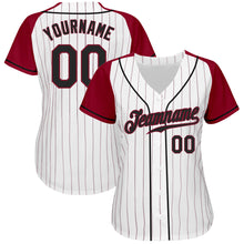 Load image into Gallery viewer, Custom White Crimson Pinstripe Black-Crimson Authentic Raglan Sleeves Baseball Jersey