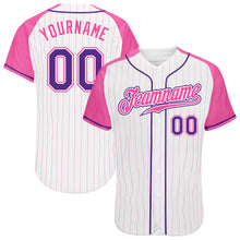 Load image into Gallery viewer, Custom White Pink Pinstripe Purple-Pink Authentic Raglan Sleeves Baseball Jersey