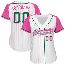 Load image into Gallery viewer, Custom White Pink Pinstripe Kelly Green-Pink Authentic Raglan Sleeves Baseball Jersey