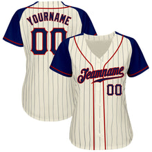 Load image into Gallery viewer, Custom Cream Navy Pinstripe Navy-Red Authentic Raglan Sleeves Baseball Jersey