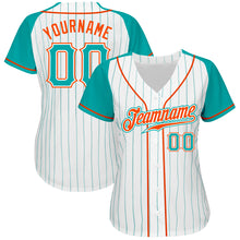 Load image into Gallery viewer, Custom White Aqua Pinstripe Aqua-Orange Authentic Raglan Sleeves Baseball Jersey