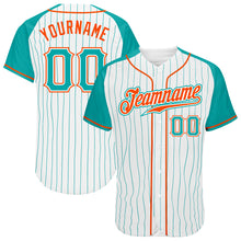 Load image into Gallery viewer, Custom White Aqua Pinstripe Aqua-Orange Authentic Raglan Sleeves Baseball Jersey