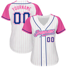 Load image into Gallery viewer, Custom White Pink Pinstripe Royal-Pink Authentic Raglan Sleeves Baseball Jersey