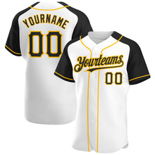 Load image into Gallery viewer, Custom White Black-Gold Authentic Raglan Sleeves Baseball Jersey