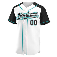 Load image into Gallery viewer, Custom White Black-Teal Authentic Raglan Sleeves Baseball Jersey