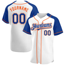 Load image into Gallery viewer, Custom White Royal-Orange Authentic Raglan Sleeves Baseball Jersey