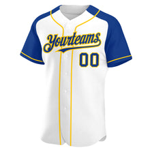 Load image into Gallery viewer, Custom White Royal-Yellow Authentic Raglan Sleeves Baseball Jersey