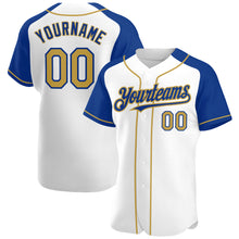 Load image into Gallery viewer, Custom White Old Gold-Royal Authentic Raglan Sleeves Baseball Jersey