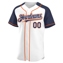 Load image into Gallery viewer, Custom White Navy-Orange Authentic Raglan Sleeves Baseball Jersey