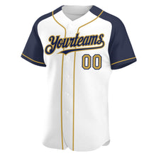 Load image into Gallery viewer, Custom White Old Gold-Navy Authentic Raglan Sleeves Baseball Jersey