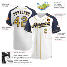 Load image into Gallery viewer, Custom White Old Gold-Navy Authentic Raglan Sleeves Baseball Jersey