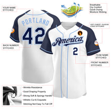 Load image into Gallery viewer, Custom White Navy-Light Blue Authentic Raglan Sleeves Baseball Jersey