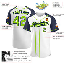 Load image into Gallery viewer, Custom White Neon Green-Navy Authentic Raglan Sleeves Baseball Jersey