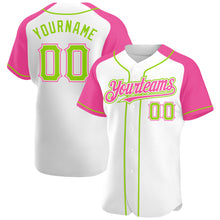 Load image into Gallery viewer, Custom White Neon Green-Pink Authentic Raglan Sleeves Baseball Jersey
