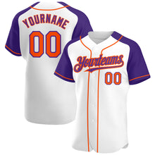 Load image into Gallery viewer, Custom White Orange-Purple Authentic Raglan Sleeves Baseball Jersey