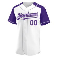 Load image into Gallery viewer, Custom White Purple-Gray Authentic Raglan Sleeves Baseball Jersey