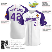 Load image into Gallery viewer, Custom White Purple-Gray Authentic Raglan Sleeves Baseball Jersey