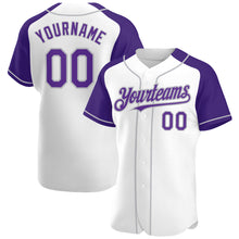Load image into Gallery viewer, Custom White Purple-Gray Authentic Raglan Sleeves Baseball Jersey
