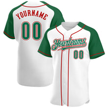 Load image into Gallery viewer, Custom White Kelly Green-Red Authentic Raglan Sleeves Baseball Jersey