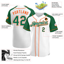 Load image into Gallery viewer, Custom White Kelly Green-Orange Authentic Raglan Sleeves Baseball Jersey