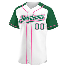 Load image into Gallery viewer, Custom White Kelly Green-Pink Authentic Raglan Sleeves Baseball Jersey
