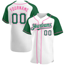 Load image into Gallery viewer, Custom White Kelly Green-Pink Authentic Raglan Sleeves Baseball Jersey
