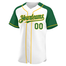 Load image into Gallery viewer, Custom White Kelly Green-Gold Authentic Raglan Sleeves Baseball Jersey