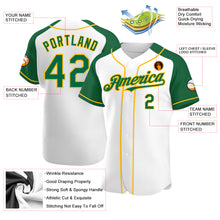 Load image into Gallery viewer, Custom White Kelly Green-Gold Authentic Raglan Sleeves Baseball Jersey
