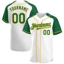 Load image into Gallery viewer, Custom White Kelly Green-Gold Authentic Raglan Sleeves Baseball Jersey