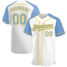 Load image into Gallery viewer, Custom White Light Blue-Yellow Authentic Raglan Sleeves Baseball Jersey