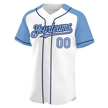 Load image into Gallery viewer, Custom White Light Blue-Navy Authentic Raglan Sleeves Baseball Jersey