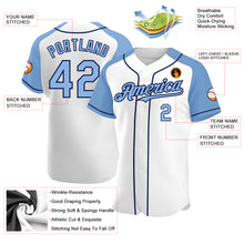 Load image into Gallery viewer, Custom White Light Blue-Navy Authentic Raglan Sleeves Baseball Jersey