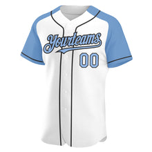 Load image into Gallery viewer, Custom White Light Blue-Black Authentic Raglan Sleeves Baseball Jersey