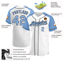 Load image into Gallery viewer, Custom White Light Blue-Black Authentic Raglan Sleeves Baseball Jersey