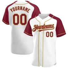 Load image into Gallery viewer, Custom White Crimson-Old Gold Authentic Raglan Sleeves Baseball Jersey
